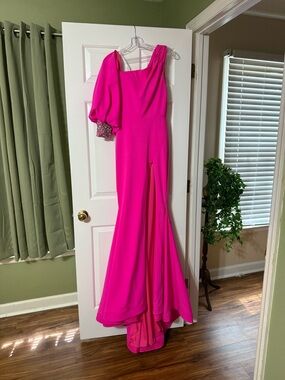 Fuchsia One-Shoulder Prom Dress with Beaded Cuff